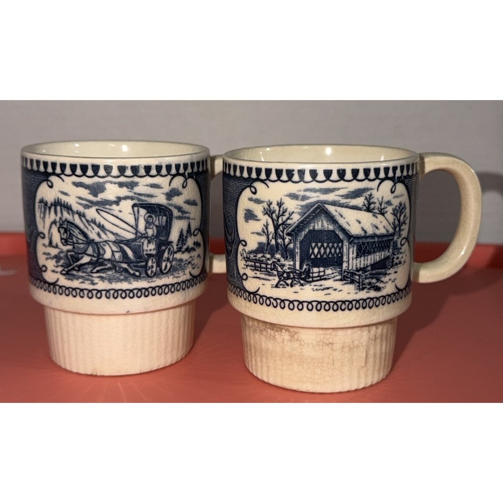 Vintage Blue And White Country Scene Stackable Stoneware Coffee Mugs